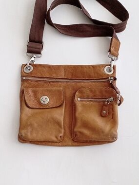 Roots Iconic Village Tribe Leather Embossed Crossbody Adjustable Strap Tan Bag